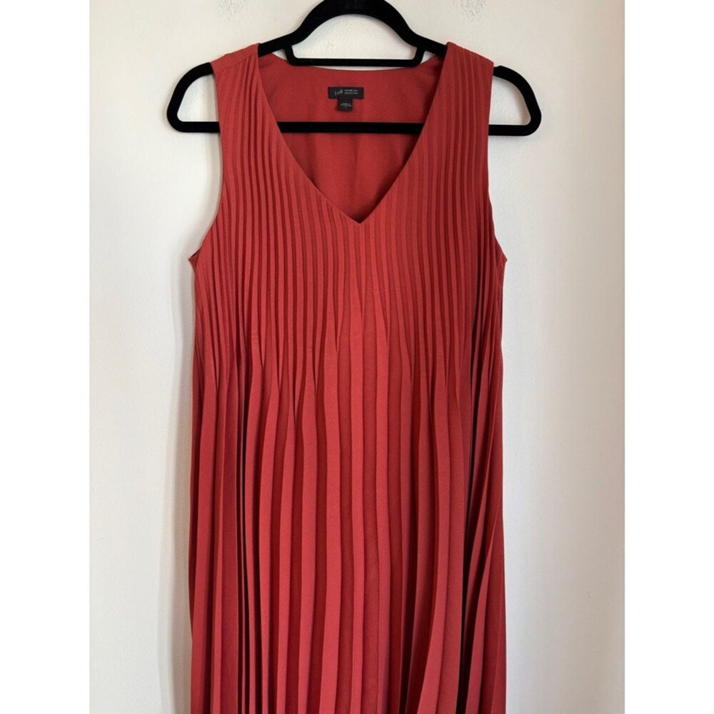 J. Jill women’s pleated V-Neck burnt orange rust Sleeveless Dress Brick Red SM - Picture 4 of 14